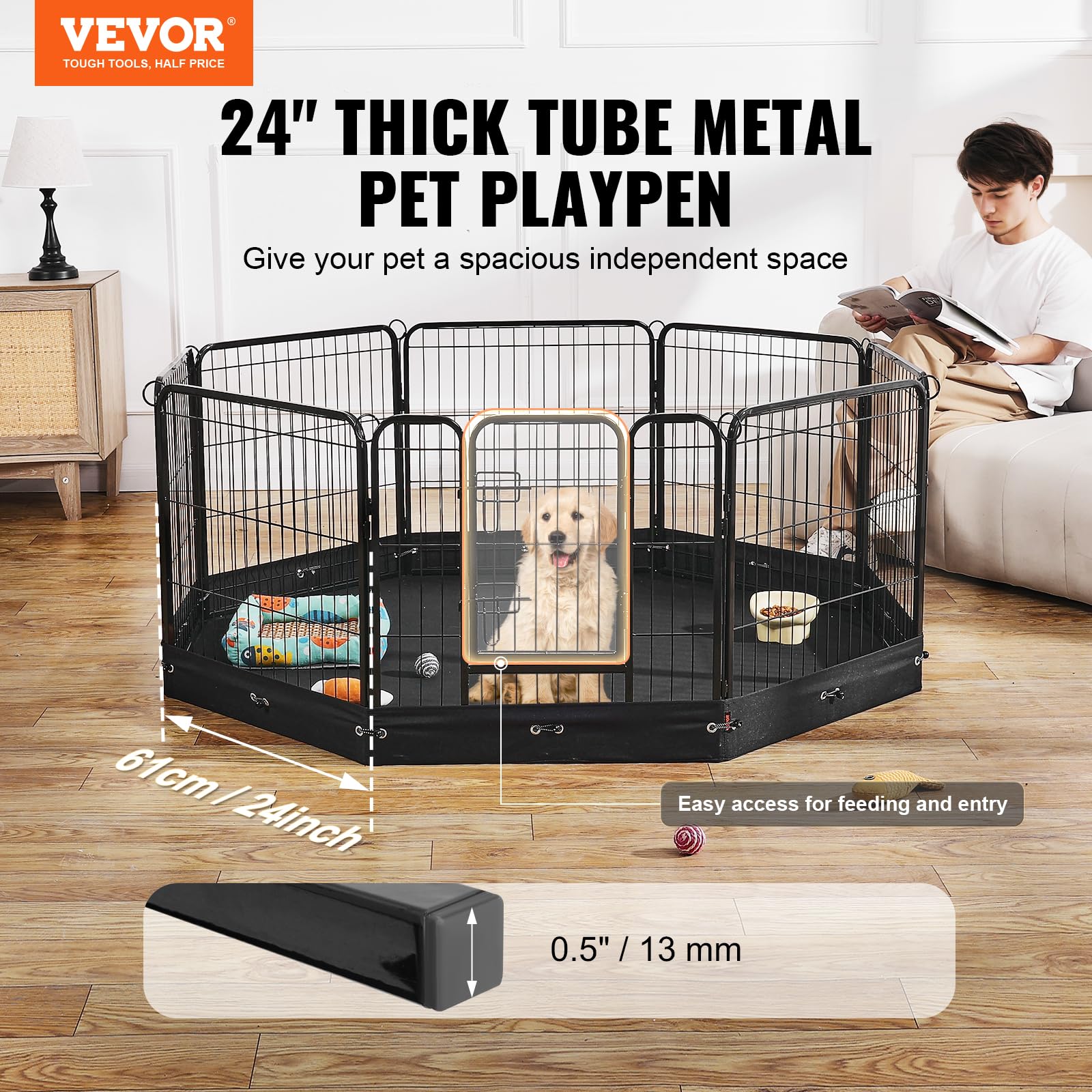 VEVOR Foldable Dog Playpen, 8 Pcs 24 x 24 in Panels Metal Pet Exercise Pen, Dog Fence Indoor and Outdoor Pen with Door, Storage